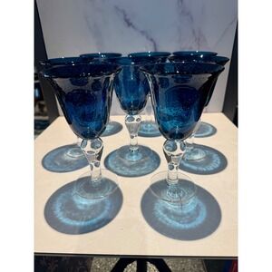 Vintage Cobalt/Sapphire Blue Glass Goblets Set of 8 Hand Blown Bubble Glass